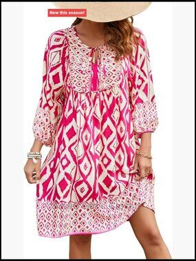 Women's Boho Floral 3/4 Sleeve Babydoll Summer Dress Rayon V-Neck